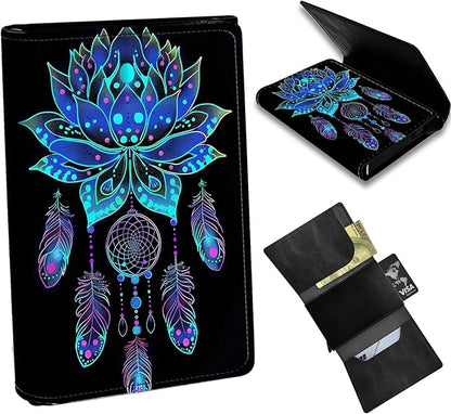 Blue Lotus Minimalist Wallet for Men, Pop Up Card Case Wallet for Women, PU Leather Automatic Credit Card Holder Metal Money Clip Wallet RFID Blocking Bifold Pocket Wallet