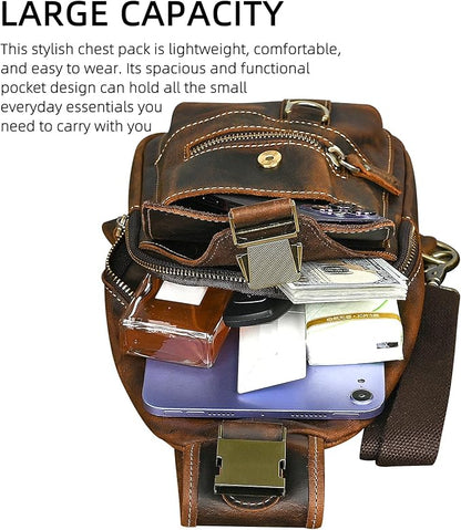 Water Resistant Canvas + Leather Hiking Travel DayPack Sling Crossbody Triangle Chest Pack Bag For Men Women FB8013 (100% Genuine Leather-8015 Brown)