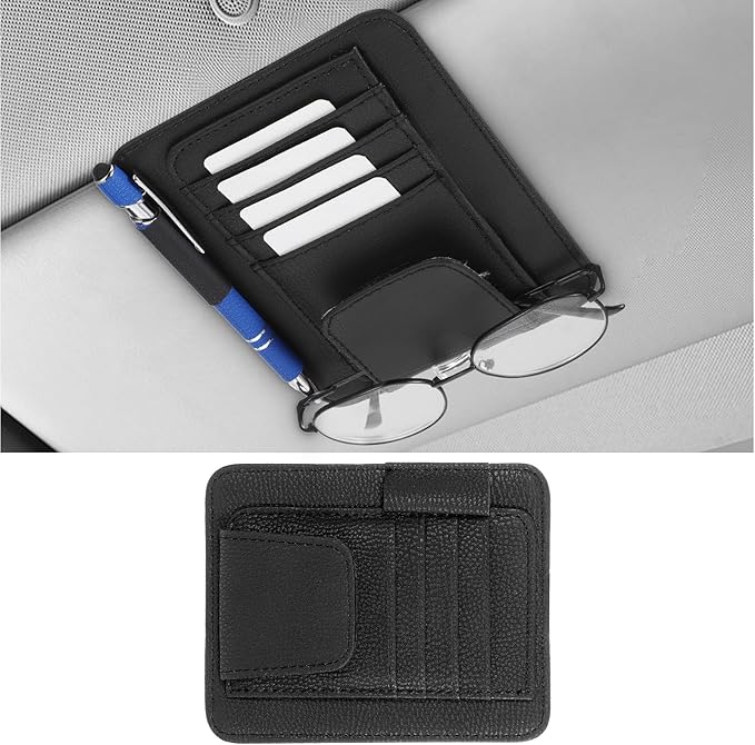 Small Leather Car Sun Visor Organizer with Storage Pouch & Sunglasses Clip, Auto Card Holder Registration/Insurance Slot, Credit Card Pockets, Automotive Interior Organizer for Cars Sun Visor(Black)
