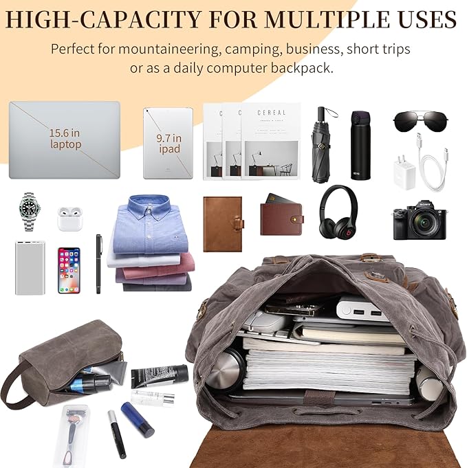 Wogarl Vintage Leather Canvas Backpack, Waxed Canvas Shoulder Rucksack with Toiletry Shoulder Rucksack for Traveling, Camping, Hiking,Business College Fits 17inch Laptop,Grey