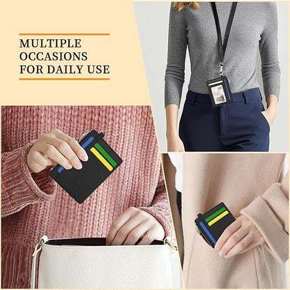 Hancynir Black Minimalist Small Wallet Women Credit Card Holder, Slim RFID Blocking Keychain Card Wallets, Mini Front Pocket PU Leather Thin Travel Zipper Coin Cash Ladies Wallet Organizer Gifts