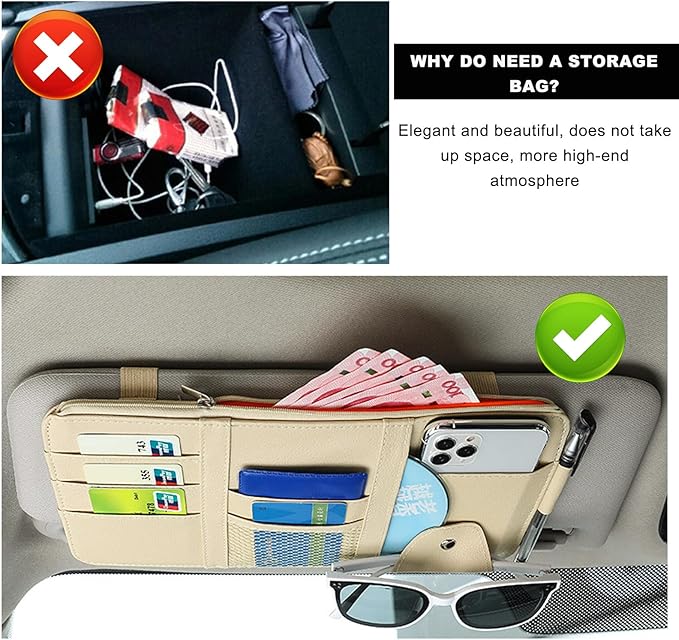 Ohleats Car Sun Visor Organizer, Multifunctional Visor Storage Holder for License Pen Key, Leather Card Cash Pouch with Multi-Pocket Net Zipper, Universal Interior Car Accessories (Beige)