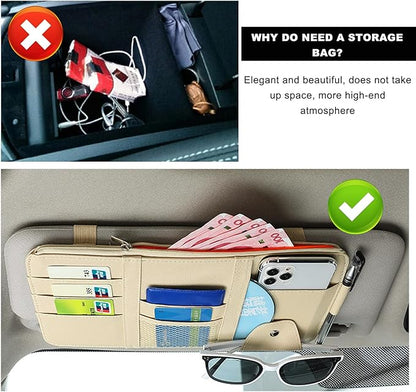 Ohleats Car Sun Visor Organizer, Multifunctional Visor Storage Holder for License Pen Key, Leather Card Cash Pouch with Multi-Pocket Net Zipper, Universal Interior Car Accessories (Beige)