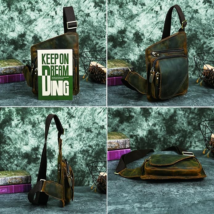 Thick Crazy horse Leather Triangle Crossbody Sling Chest Bag Travel One Shoulder Bag Daypack For Men Male 3028