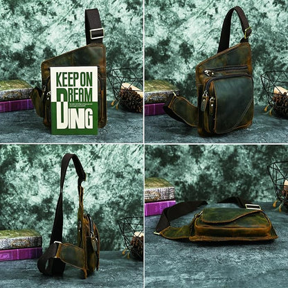 Thick Crazy horse Leather Triangle Crossbody Sling Chest Bag Travel One Shoulder Bag Daypack For Men Male 3028
