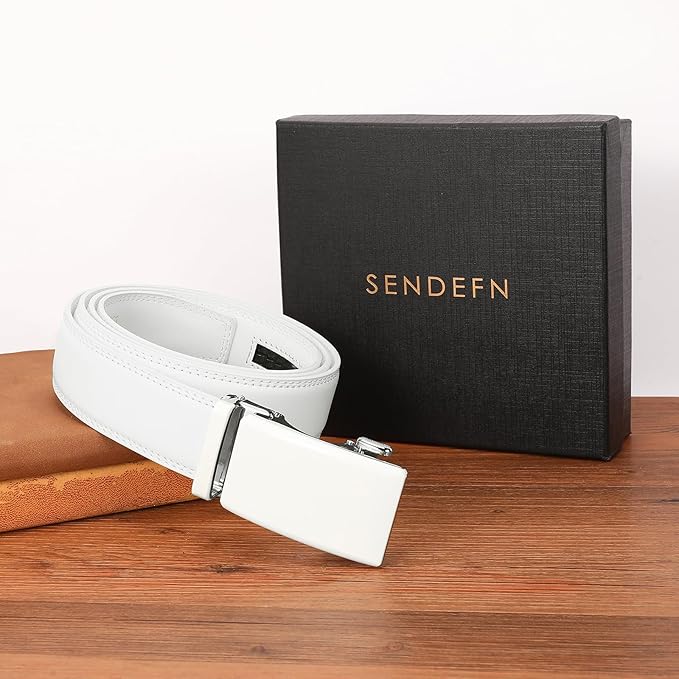 SENDEFN Men's Leather Belt Automatic Ratchet Buckle Slide Belt for Dress Casual Trim to Fit with Gift Box