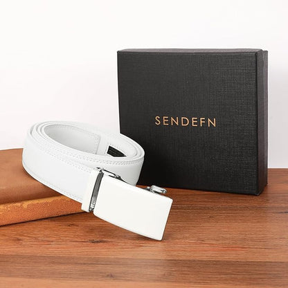 SENDEFN Men's Leather Belt Automatic Ratchet Buckle Slide Belt for Dress Casual Trim to Fit with Gift Box