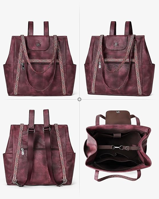 FADEON Large Laptop Tote Bag for Women Designer Leather Laptop Bag Fashion Travel Backpack Purse Shoulder Handbag
