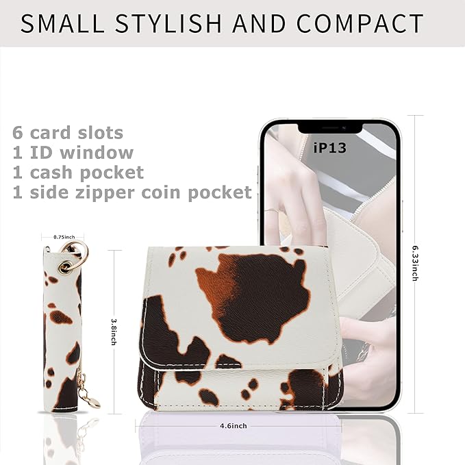 Women Small Wallet RFID Blocking Slim Wallet with Coin Pocket Tri-Fold Credit Card Holder with ID Window and Keychain (Cow)