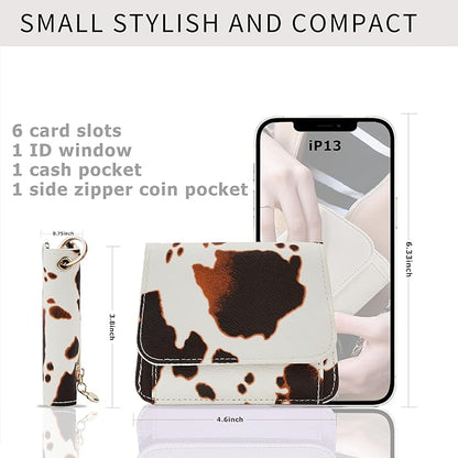 Women Small Wallet RFID Blocking Slim Wallet with Coin Pocket Tri-Fold Credit Card Holder with ID Window and Keychain (Cow)