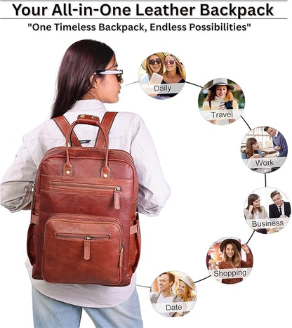 Genuine Leather Laptop Backpack for Men & Women, 16 Inch Vintage Brown Leather Backpack, Professional Work Computer Bag, Travel Rucksack for Office, Business & College
