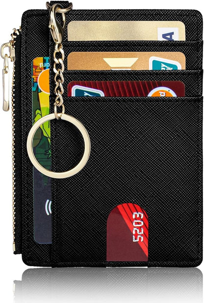 Suweibuke Slim Pocket Wallet, RFID Blocking Credit Card Holder Wallet with D-Shackle ID Window and Detachable keychain for Women (A-Black)