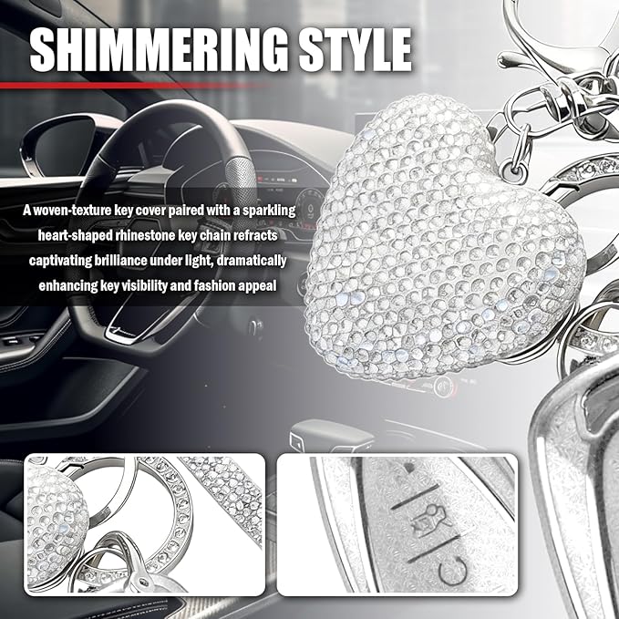 Compatible with Chevy Equinox Key Fob Covers,Stylish Car Key Cover with Bling Heart Keychain,5-Button Keys Fob Protector（White）