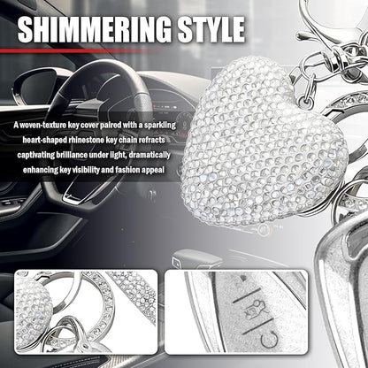 Compatible with Chevy Equinox Key Fob Covers,Stylish Car Key Cover with Bling Heart Keychain,5-Button Keys Fob Protector（White）