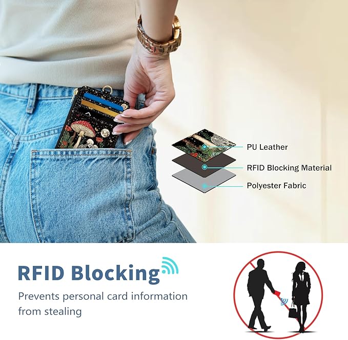 Lanyard Wallet with Id Badge Holder, Mushroom Skull RFID Small Keychain Wallet Women Wristlet, Funny Zipper Credit Card Holder Phone Wrist Neck Strap for Key Name Tag, Teacher Student Office