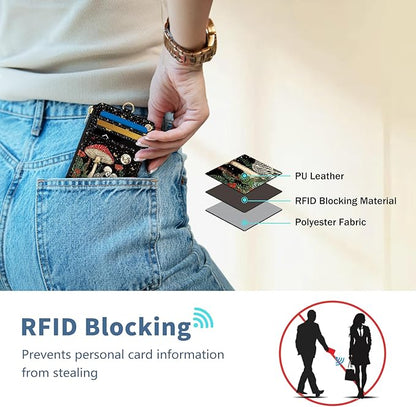 Lanyard Wallet with Id Badge Holder, Mushroom Skull RFID Small Keychain Wallet Women Wristlet, Funny Zipper Credit Card Holder Phone Wrist Neck Strap for Key Name Tag, Teacher Student Office