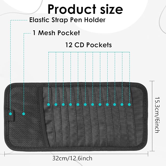 Trinkrittey Car CD Case Holder, Vehicle Sun Visor Organizer DVD Vehicle Visor Storage Organizer with 12 DVD Storage Sleeves, 1 Mesh Pocket, 1 Pen Holder and Elastic Strap