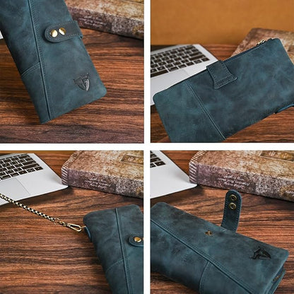 Genuine Crazy Horse Leather Travel Gift Coin Pocket Card Case Long Organizer Chain Rfid Wallet Purse With Snap For Men Male 1803 1815 (1803 The Blue)