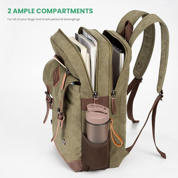 Modoker Eco-Friendly Vintage Backpack for Men Women, Canvas Bookpack Fits Most 15.6 Inches Computer and Tablets, Rucksack Backpack with USB Charging Port, Army Green