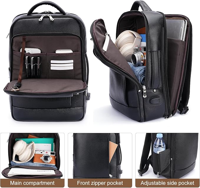 TIDING Men's Leather Business Backpack Fits 15.6 Inch Laptop, Expandable Office Work Casual Daypack with USB Charging Port
