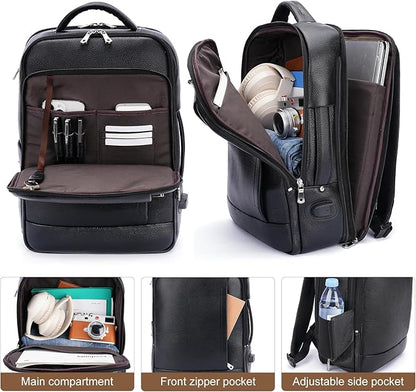 TIDING Men's Leather Business Backpack Fits 15.6 Inch Laptop, Expandable Office Work Casual Daypack with USB Charging Port