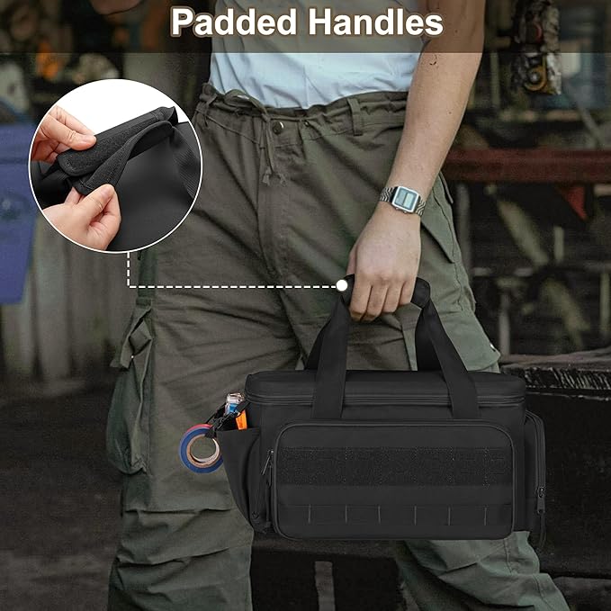 Rexmica 14-Inch Tool Bag with Anti-friction Bottom, Hand Tool Storage Organizer for Men, Tactical Range Bag, Multi-purpose Work Tote for Repairman, Carpenters, Handyman, Black