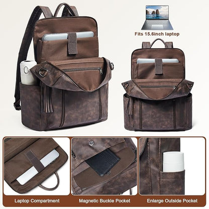 Shrrie Laptop Backpack for Women 15.6 inch,Travel Leather Backpack Purse Nurse Teacher Carry on Backpack Computer Bag,Professional Water-Resistant College Business Work Casual Daypack,Nubuck Coffee