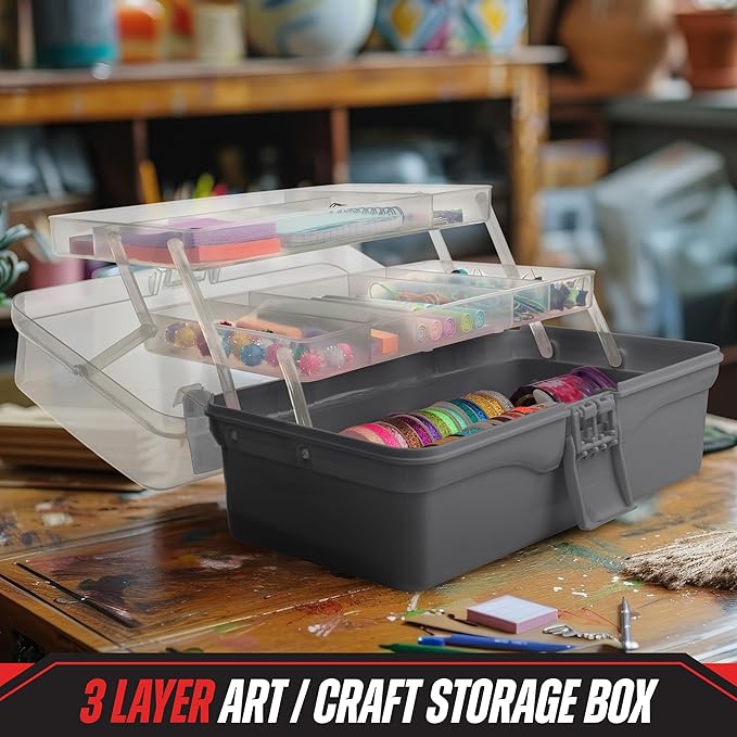 Stalwart - 14” Plastic Tackle Box Organizer - 3-Layer Portable Sewing Box, Art Caddy, Craft Storage, First Aid Medicine Utility Toolbox or Hair Accessories Organizer with Latch and Handle (Gray)