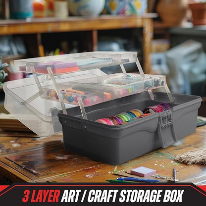 Stalwart - 14” Plastic Tackle Box Organizer - 3-Layer Portable Sewing Box, Art Caddy, Craft Storage, First Aid Medicine Utility Toolbox or Hair Accessories Organizer with Latch and Handle (Gray)