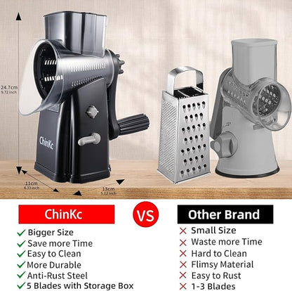 Upgrade Rotary Cheese Grater Shredder with Handle, Strong Suction Base, Multi-purpose Rotary Grater Slicer with 5 Interchangeable Blades for Ice, Vegetables, Fruit, Nuts with Blade Storage Box