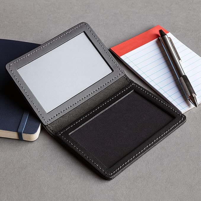 Leather Bifold Minimalist Double ID Card Credential Holder (Basketweave Black)