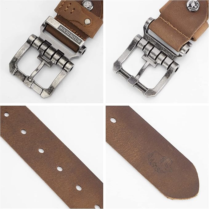 BISON DENIM Men's Belts Leather Dress Genuine Leather Classic Heavy Duty Buckle Belt Casual for Jeans