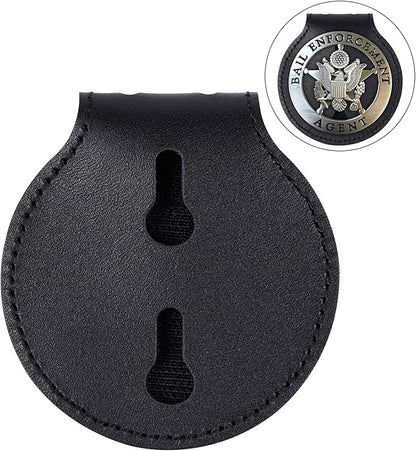 Wisdompro Police Badge Holder,Cowhide Leather Universal Police Badge Holder Pocket Case with Mn-Steel Belt Clip, Hook and Loop Closure and Stainless Bead Chain Necklace- Circle Shape