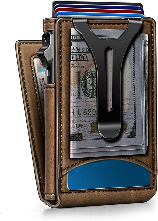 Genuine Leather Wallet for Men Slim Magnetic Flip Bifold with Money Clip and Metal Card Case Holds 9 Cards Ideal for Gifts and Daily Use (Tiger Eye)