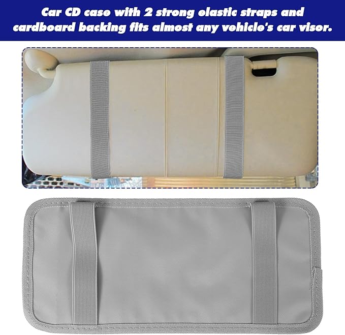 CD Visor Holder for Car, DVD Vehicle Visor Storage Organizer Gray Large Capacity CD Case with 12 Storage Sleeves, 1 Mesh Pocket, 1 Pen Loop & Elastic Strap