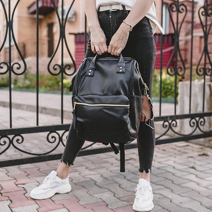 Kah&Kee Leather Laptop Backpack for Women, 14-15 Inch Professional Work Bag, Water-Resistant Vegan Leather Doctor Bag Backpack for Teacher, Nurse & Travel, Fits MacBook Air 15 (Black,Medium)