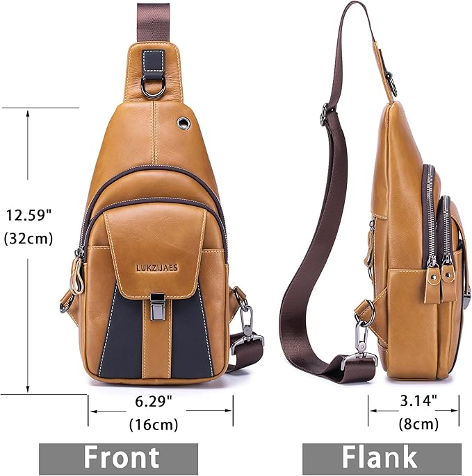 LUKZIJAES Genuine Leather Sling Bag for Men Vintage Crossbody Bag Men Chest Pack Mens Cross Shoulder Bags Hiking Daypacks Travel Backpack (#2-Brown)