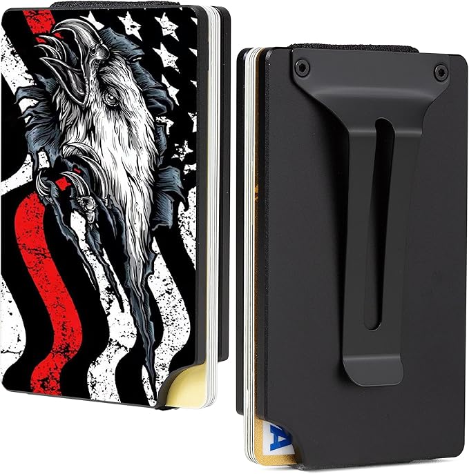Minimalist Carbon Fiber Wallet for Men, Money Clip Cash Strap Wallet, RFID Blocking Metal Wallet Aluminum Card Holder,Front Pocket Wallet-Redline Flag Eagle