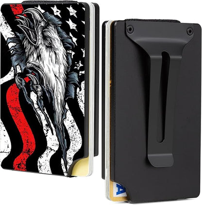 Minimalist Carbon Fiber Wallet for Men, Money Clip Cash Strap Wallet, RFID Blocking Metal Wallet Aluminum Card Holder,Front Pocket Wallet-Redline Flag Eagle