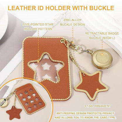 PATIKIL Retractable Badge Holders, Cute Leather ID Holder with Badge Reels Keychain ID Card Clip Protector Cover for Women Work Office Business Trip, Brown