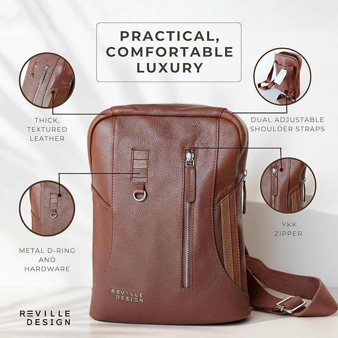 Full Grain Leather Backpack – Water-Resistant, Padded Laptop Compartment, Adjustable Straps, 16L Capacity, Slim Design, Leather Backpack for Men and Women - Amber Brown