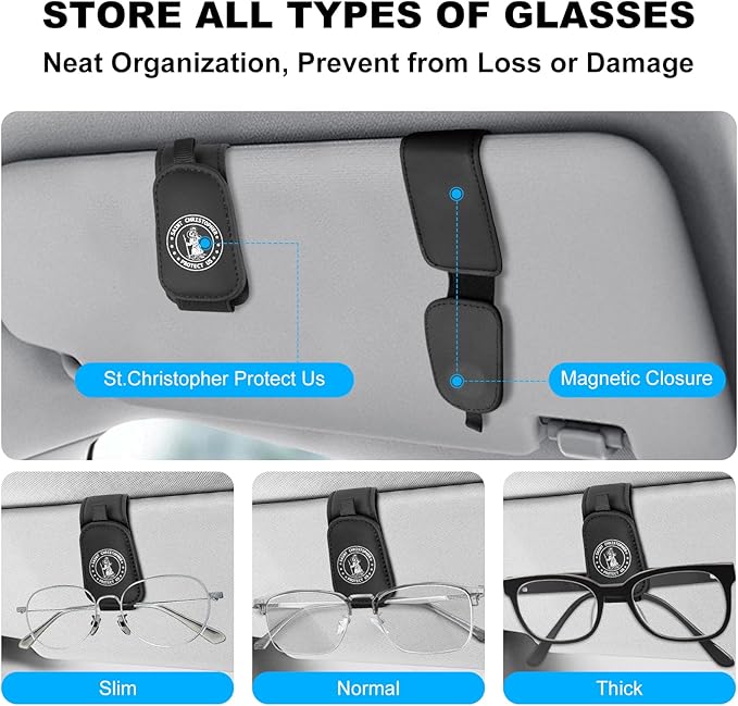 2 Pack Saint Christopher Medal for Car Visor Clip, Catholic Gift for New Driver, Upgrade Magnetic Leather Sunglasses Glasses Eyeglasses Visor Holder Clip