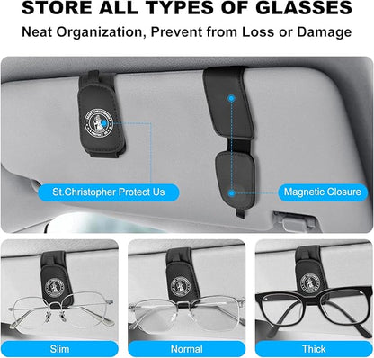 2 Pack Saint Christopher Medal for Car Visor Clip, Catholic Gift for New Driver, Upgrade Magnetic Leather Sunglasses Glasses Eyeglasses Visor Holder Clip