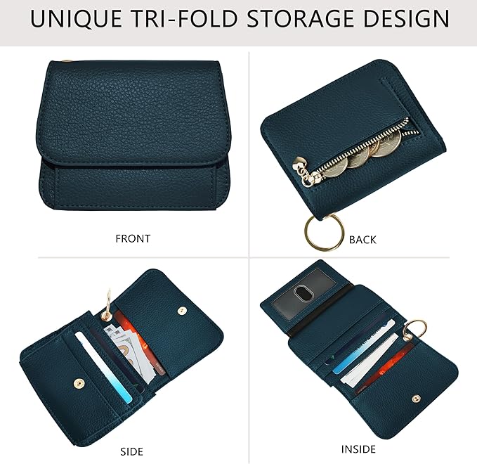 Women Small Wallet RFID Blocking Slim Wallet with Coin Pocket Tri-Fold Credit Card Holder with ID Window and Keychain (Lake Blue)