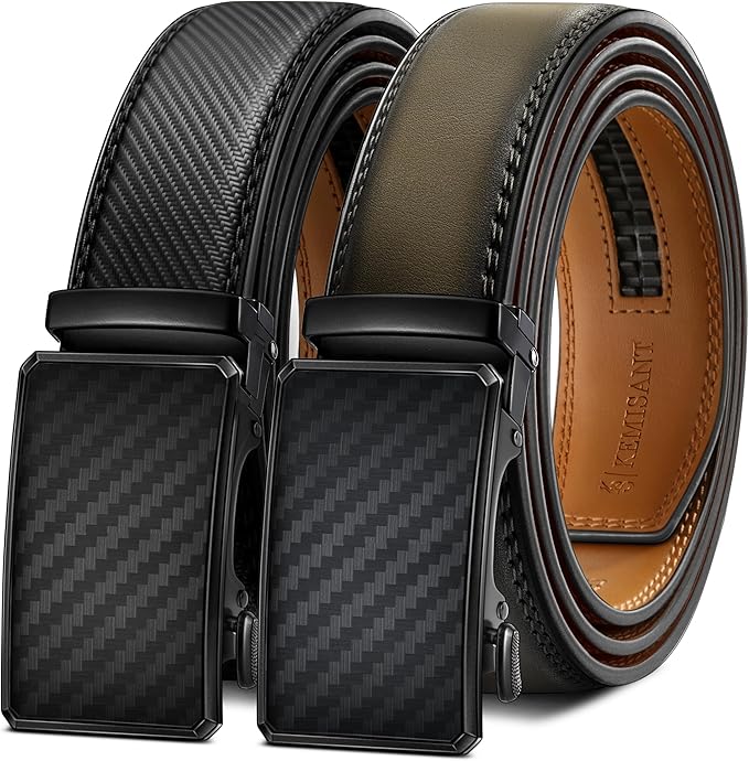 KEMISANT Men Belt 2 Pack, Leather Ratchet Belt Easy Click Slide For Men 1 3/8",Cut for Fit