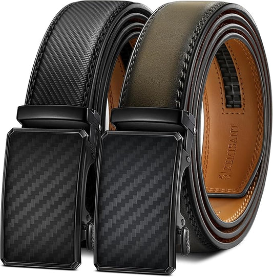 KEMISANT Men Belt 2 Pack, Leather Ratchet Belt Easy Click Slide For Men 1 3/8",Cut for Fit