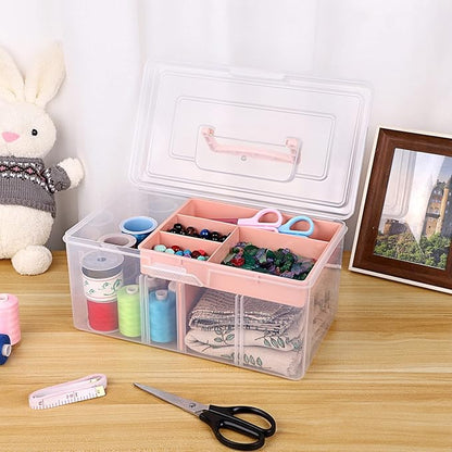 BTSKY 2 Layer Clear Plastic Dividing Storage Box with Removable Tray Multipurpose Stationery Storage Box with Handle Portable Sewing Boxes Art Craft Supply Organizer Home Utility Box(Big Pink)