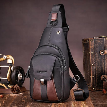 LUKZIJAES Genuine Leather Sling Bag for Men Contrast Color Vintage Crossbody Bag Men Chest Pack Mens Cross Shoulder Bags Hiking Daypacks Travel Backpack (#2-Black)