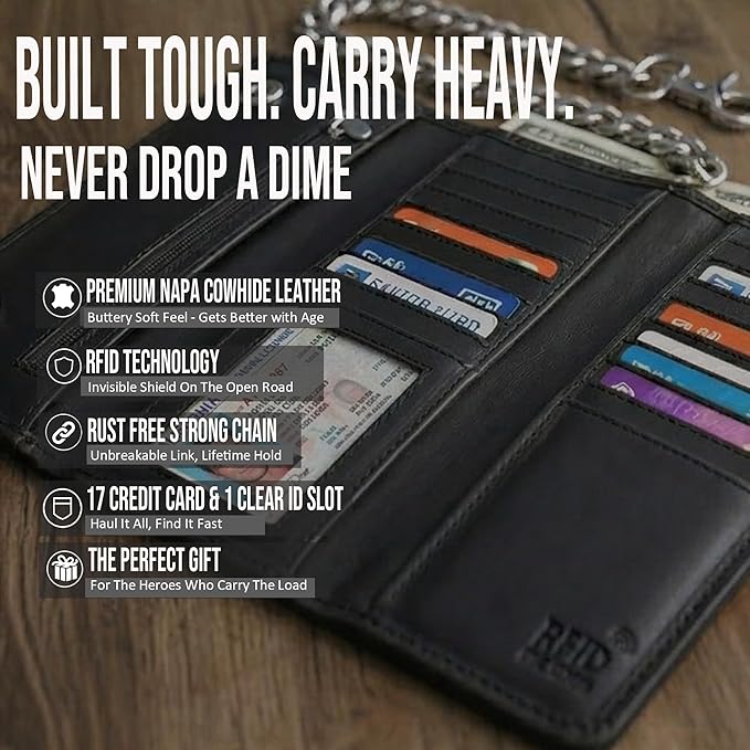 IBRO VINTAGE Motorcycle Chain Wallet for Men – Premium Cowhide Leather, RFID Tri-Fold Biker Wallet with Heavy Duty Chain for Bikers Truckers & Hunters, Credit Card Money Organizer Long Wallet | Long Trifold, RFID Blocking, Men's, Trucker Biker