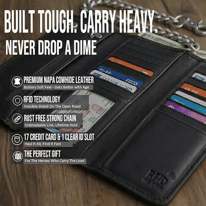 IBRO VINTAGE Motorcycle Chain Wallet for Men – Premium Cowhide Leather, RFID Tri-Fold Biker Wallet with Heavy Duty Chain for Bikers Truckers & Hunters, Credit Card Money Organizer Long Wallet | Long Trifold, RFID Blocking, Men's, Trucker Biker